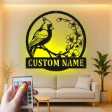 Décoration murale en métal personnalisée avec lumière LED cardinal et fleurs