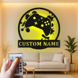 Insegna gamer personalizzata | Insegna LED in metallo personalizzata | Decorazione per sala giochi per ragazzi e uomini | Targa luminosa con controller e nome