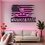 Custom Golf Name Sign | LED Metal Wall Art with American Flag | Personalized Golfer Gift for Man Cave | Patriotic Garage Decor