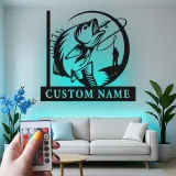 Enseigne de pêche personnalisée avec LED | Décoration murale en métal personnalisée pour pêcheurs | Cadeau décoratif pour maison de lac et chalet