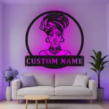 Insegna in metallo personalizzata con silhouette di donna africana e luce LED - Regalo unico per lei, decorazione per soggiorno o camera da letto