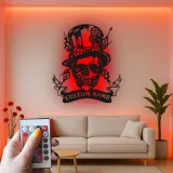 Insegna in metallo LED Teschio Steampunk | Insegna con Nome Personalizzato per Man Cave | Decorazione per Stanza di Gioco Gotica con Cappello a Cilindro e Ingranaggi