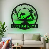 Décoration murale en métal personnalisée avec scène de plage de dauphins et rétroéclairage LED - Cadeau pour amoureux de l'océan - Décor de salon côtier