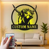 Highland Cow LED Metal Sign | Custom Name Wall Art | Rustic Farmhouse Decor for Rancher & Home Bar