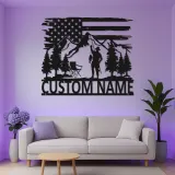Insegna LED in metallo per pesca personalizzata | Arte da parete patriottica per pescatore | Decorazione su misura per baita e casa al lago | Regalo per pescatore