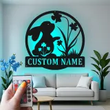 Insegna in metallo LED personalizzata con coniglio e fiori, regalo per nursery, decorazione per stanza dei bambini