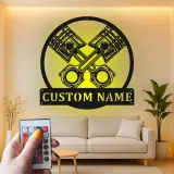 Panneau LED en métal de pistons croisés personnalisés | Décor de garage personnalisé | Idée cadeau pour mécanicien | Art mural automobile éclairé