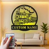 Décoration murale en métal personnalisée de train à vapeur avec rétroéclairage LED - Cadeau pour passionnés de trains, décoration pour man cave ou bureau
