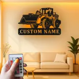 Décoration murale en métal personnalisée avec bulldozer rétroéclairé - Cadeau personnalisé pour passionné de construction - Décor de garage ou de bureau