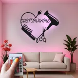Enseigne LED personnalisée pour coiffeur | Décoration murale en métal personnalisée pour salon | Plaque nominative pour studio beauté | Cadeau pour coiffeur