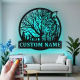 Décoration murale en métal personnalisée avec lumière LED de loup et forêt