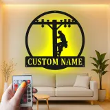 Enseigne en métal personnalisée pour lineman | Décoration murale LED pour électricien | Déco de poteau électrique pour garage ou bureau