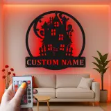 Letrero LED de casa encantada | Decoración mural de metal personalizada | Decoración de Halloween con apellido personalizado | Iluminación espeluznante para exterior y porche