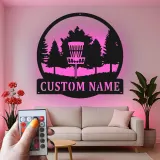 Insegna in metallo personalizzata con LED a forma di cestino per disc golf - Regalo per appassionati di disc golf - Decorazione per sala giochi 3