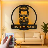 Bearded Skull LED Metal Sign | Personalized Man Cave Wall Art | Custom Name Sign for Barbershop, Garage, or Studio Decor