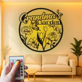 Cartel personalizado del jardín de la abuela | Arte mural de metal LED | Decoración floral de mariposa personalizada | Regalo del Día de la Madre para Nana