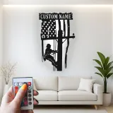 Custom Lineman Metal Sign | Personalized American Flag LED Art | Patriotic Electrician Gift | Utility Worker Wall Decor
