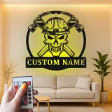 Cartel de metal LED de calavera de bombero | Decoración mural personalizada de bombero | Decoración personalizada para estación de bomberos y cueva de hombres