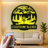 Custom Disc Golf Mountain Scene Led Light Metal Wall Art Personalized Gift for Disc Golfers Outdoor Enthusiast Decor