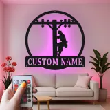 Enseigne en métal personnalisée pour lineman | Décoration murale LED pour électricien | Déco de poteau électrique pour garage ou bureau