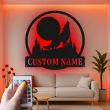 Insegna in metallo personalizzata con lupo che ulula alla luna e luce LED