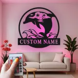 Custom Dolphin Ocean Scene Led Light Metal Wall Art Personalized Beach Lover Gift Coastal Living Room Decor