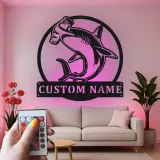 Cartel personalizado de tiburón martillo | Arte mural LED de metal personalizado | Decoración de depredador oceánico para cueva del hombre u oficina | Regalo para pescador