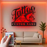 Cartel LED de máquina de tatuaje personalizado | Decoración mural de metal personalizada para estudio | Regalo para artista del tatuaje