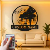 Panneau piano personnalisé avec LED | Décoration murale en métal sur mesure pour salle de musique | Silhouette de piano à queue | Cadeau pour pianiste
