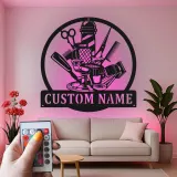 Custom Barber Shop Led Light Metal Wall Art Personalized Gift for Barbers Salon Decor with Name