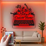 Décoration murale en métal personnalisée avec LED en forme de machine à écrire et fleurs - Cadeau pour écrivain