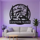 Insegna in metallo personalizzata per pesca con luce LED | Insegna con nome del pescatore | Decorazione per casa al lago e baita