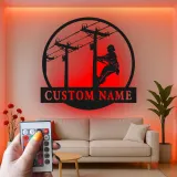Lineman LED Metal Wall Art | Personalized Electrician Gift | Custom Name Sign for Industrial Decor, Man Cave | RGB Light Up Utility Pole