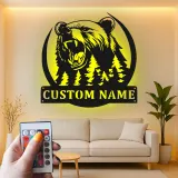 Décoration murale en métal LED personnalisée Forêt d'Ours - Cadeau pour amoureux de la nature - Décor de chalet