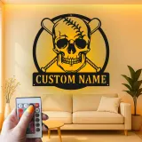 Cartel de metal personalizado de calavera de béisbol con luz LED, regalo único para aficionados al béisbol, decoración para sala de juegos