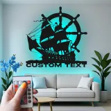 Pirate Ship LED Metal Wall Art | Custom Nautical Sign for Man Cave | Personalized Sailing Vessel Silhouette | Captain's Office Decor