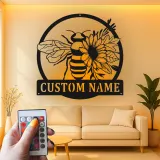Custom Bee and Flower Led Light Metal Wall Art Personalized Garden Lover Gift Outdoor Patio Decor