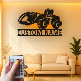 Décoration murale en métal LED personnalisée pour excavateur - Cadeau pour passionnés de construction - Décor de garage ou de bureau
