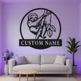 Insegna per nursery con bradipo e LED | Targa in metallo personalizzata con nome | Decorazione per stanza dei bambini a tema giungla | Arte da parete animale personalizzata