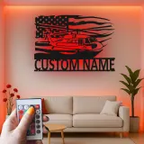 Black Hawk Helicopter LED Metal Wall Art | Personalized Pilot Gift | Custom Name Sign | Patriotic American Flag Wall Decor