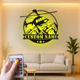 Custom Helicopter Metal Sign with LED | Personalized Pilot Gift | Aviation Wall Art for Office & Man Cave