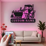 Décoration murale en métal personnalisée avec bulldozer rétroéclairé - Cadeau de construction pour lui - Décor de garage ou d'atelier
