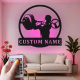 Custom Weightlifter Led Light Metal Wall Art Gym Enthusiast Gift Fitness Room Personalized Decor
