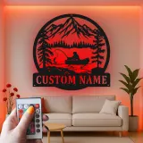 Insegna da pesca personalizzata con LED | Insegna in metallo personalizzata | Decorazione per casa al lago per pescatori | Regalo per appassionati di pesca
