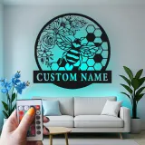 Custom Bee and Flowers Led Light Metal Wall Art Personalized Gift for Nature Lovers Garden or Living Room Decor