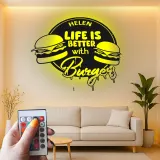 Insegna in metallo personalizzata con luce LED per amanti degli hamburger, regalo divertente per la cucina, decorazione per sala da pranzo
