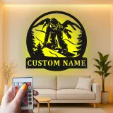 Cartel LED de snowboarder personalizado | Arte mural de metal personalizado | Decoración retroiluminada de montaña para cueva de hombres | Regalo de snowboarder
