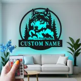 Cartel de metal personalizado con luz LED de lobo y bosque, regalo de vida salvaje personalizado para amantes de la naturaleza, decoración para cabañas