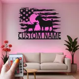 Insegna in metallo con capra e bandiera americana | Arredo LED personalizzato in stile farmhouse | Regalo su misura per amanti delle capre e arte per stalla