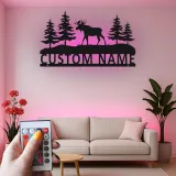 Custom Moose Metal Wall Art | Personalized LED Sign for Cabin Decor | Rustic Forest Scene for Outdoorsman Gift | Backlit Wildlife Art